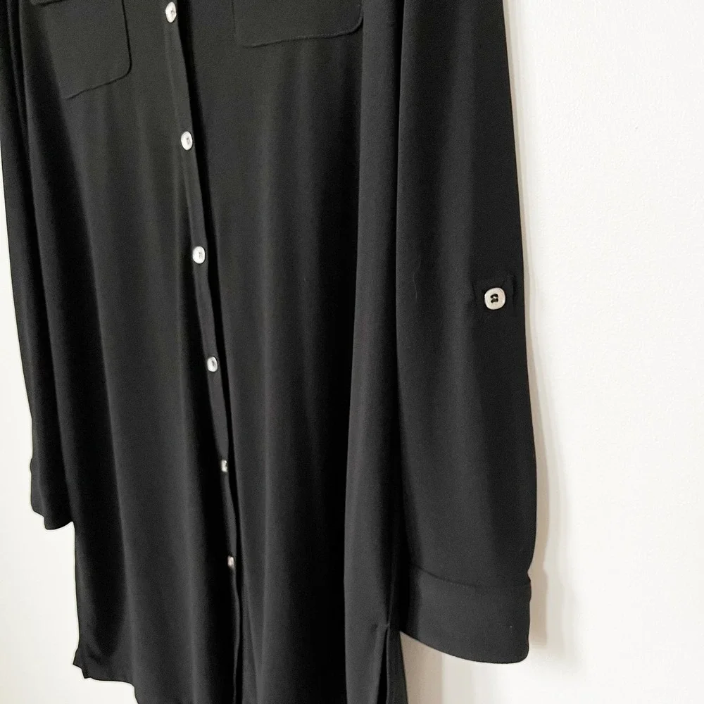 Susan Graver Liquid Knit Button Down Shirt Dress Womens Medium Black